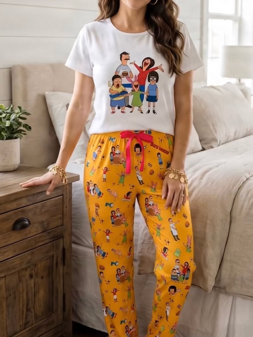 Women's Cartoon Graphic Pajama Set in White & Yellow XL